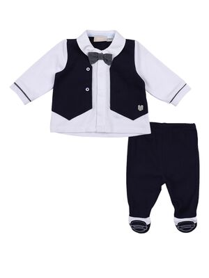 Boys Solid White & Navy Blue Smock with Legging